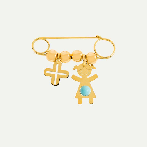 GOLD SAFETY PIN WITH TURQOISE AND CHARMS