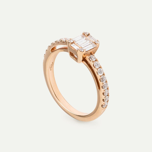 PINK GOLD SOLITAIRE RING WITH BAGUETTE CUT DIAMONDS