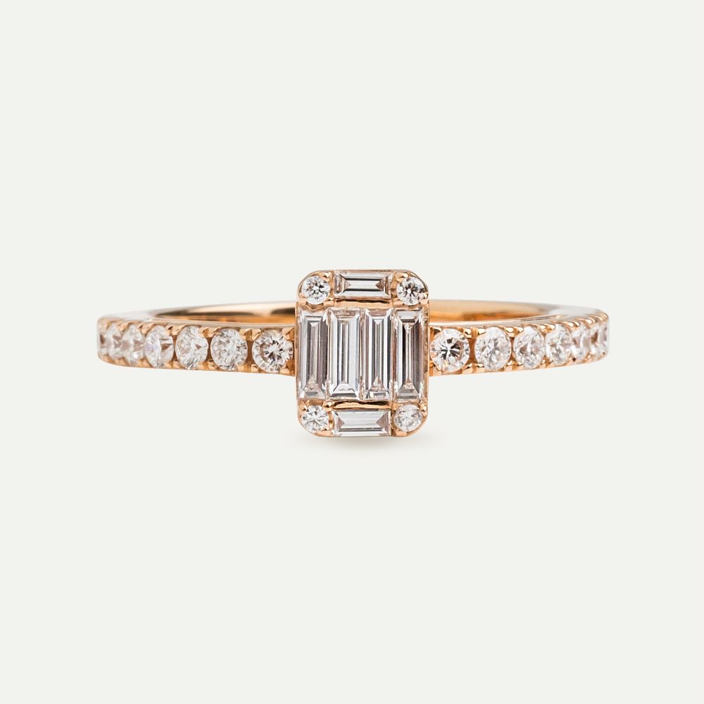 PINK GOLD SOLITAIRE RING WITH BAGUETTE CUT DIAMONDS