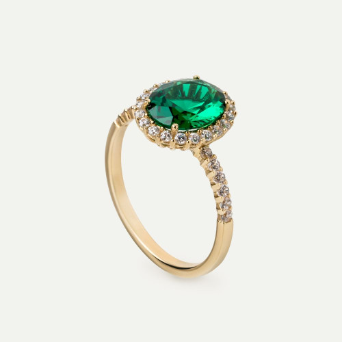 GOLD FLOWER RING WITH OVAL GREEN ZIRCON